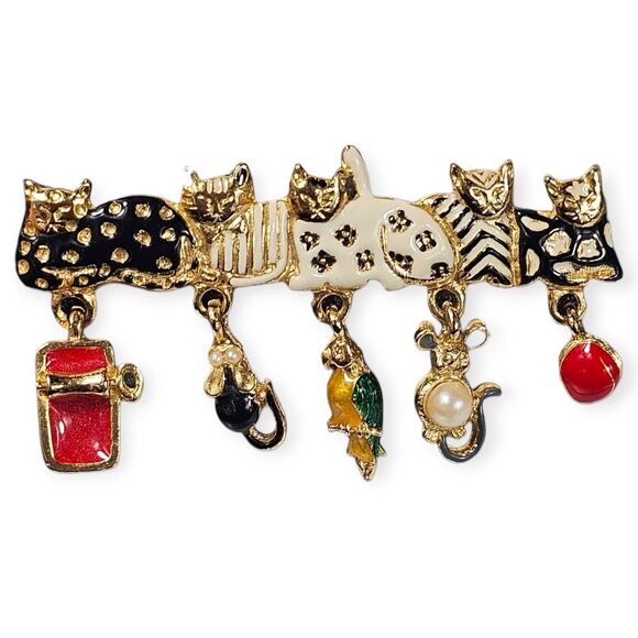 Angel Jewelry - Vintage ANGEL Signed Multi Color Enamel Kitty Cat Kitten Brooch w/Toy Dangles